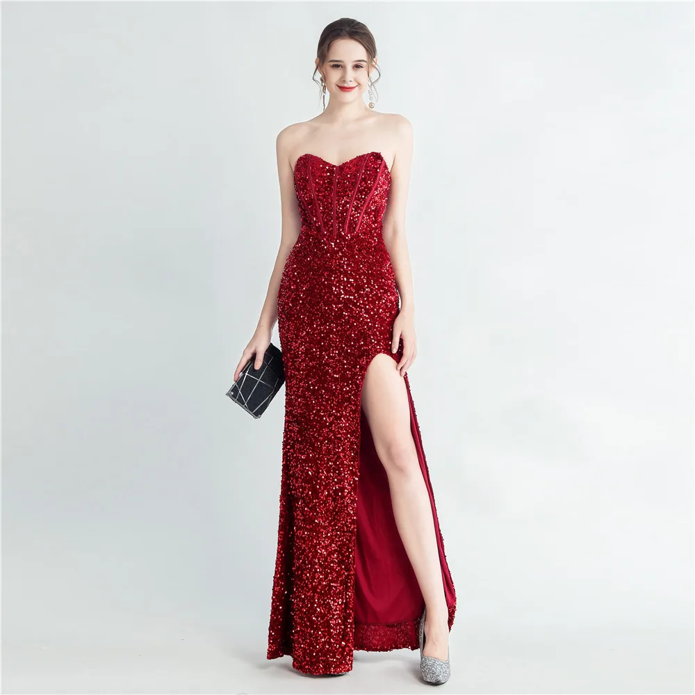 

Wine Red Sexy Mermaid Evening Dress Sweetheart Corset Back Stretchy Sequined Plus Size Women Gowns Long Formal Occasion Dresses