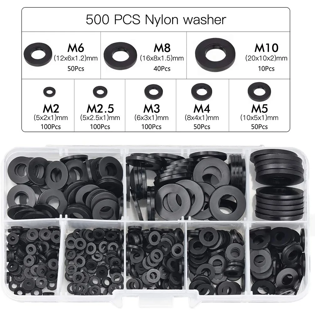 500PCS Nylon Flat Washers Threaded Insert Thick Flat Sealing Black Plastic Washers Form M2 To M10 Electrical Connection
500PCS Nylon Flat Washers Threaded Insert Thick Flat Sealing Black Plastic Washers Form M2 To M10 Electrical Connection
