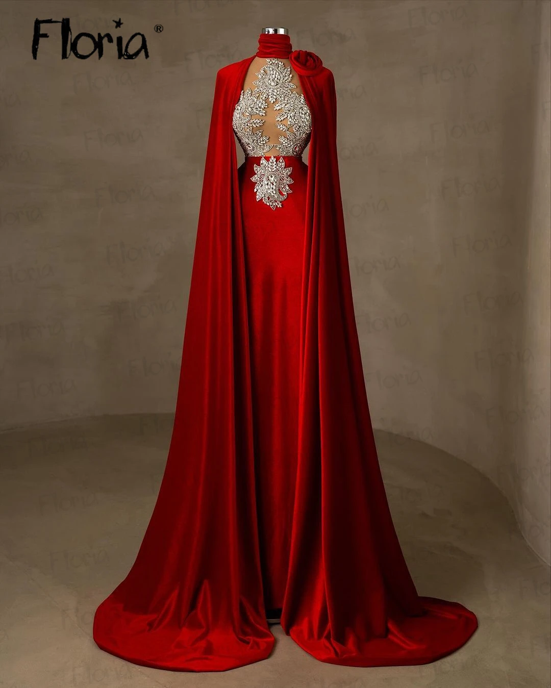 

Couture Red Velour Celebrity Dresses With Long Cape Sleeve Handmade Crystals Customized Abendkleider Robe Soirée Female Prom