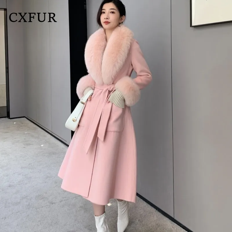 

Real Fox Fur Shawl Collar and Cuffs Cashmere Wool Long Women Coat Overcoat with Belt CX-G-T-29A