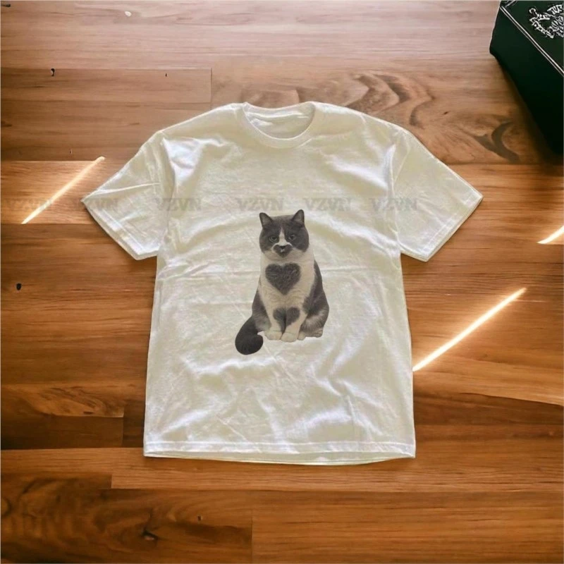 

Clothes Y2k Fun Kitten Print Streetwear Women Casual Aesthetic Grunge Baby Tee Vintage Short Sleeve T-Shirt Emo Girl Crop Top