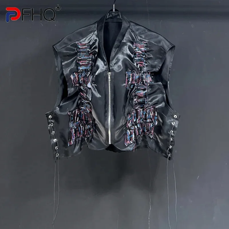 

PFHQ Summer Male Waistcoat High Street Cool Zippers Personality Men's 2024 New Design Short Pleated Handsome Chic Vest 21Z4439