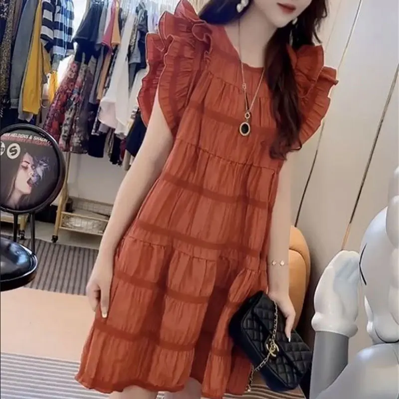 

Fashion Ruffles Spliced Midi Dress Solid Color Female Clothing Korean Folds Summer Flying Sleeve Casual Loose Round Neck Dresses