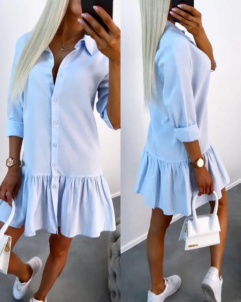 Long Sleeve Buttoned Ruffle Hem Shirt Dress Women Summer Spring Solid Color Single Breasted Mini Dress Sexy
Long Sleeve Buttoned Ruffle Hem Shirt Dress Women Summer Spring Solid Color Single Breasted Mini Dress Sexy