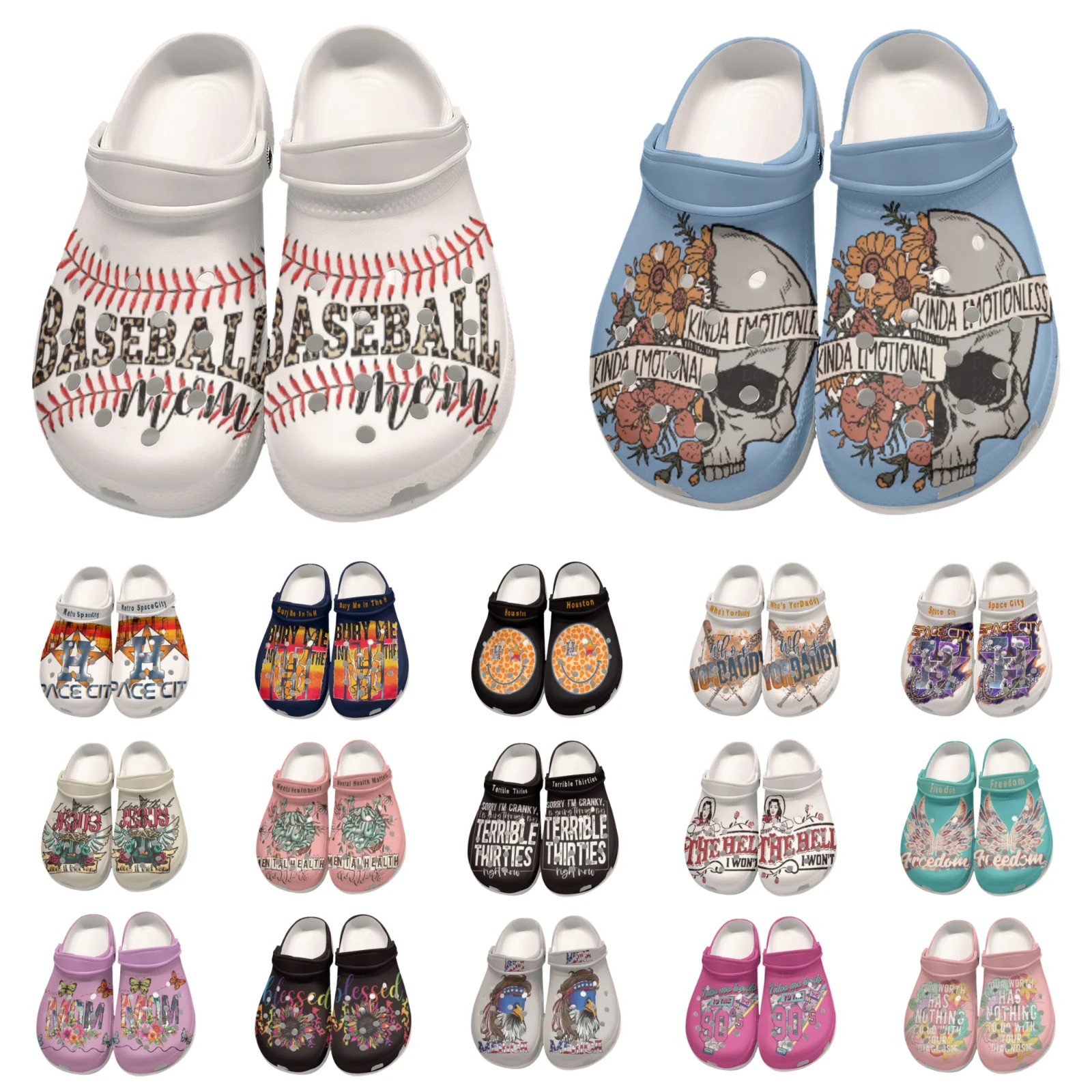 New Arrival Men Sports Baseball PVC Shoe Horror Flower Skull Garden Shoes Kid's Colorful Letter Shoes Available Customized
New Arrival Men Sports Baseball PVC Shoe Horror Flower Skull Garden Shoes Kid's Colorful Letter Shoes Available Customized