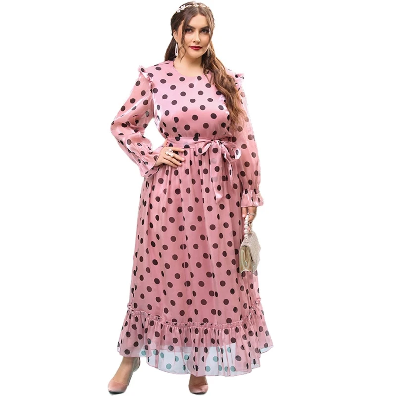 

Europe and America Plus Size Dress for Women Muslim Ruffle Dress Long Sleeves Dress Polka Dots Maxi Dress Beach Dress