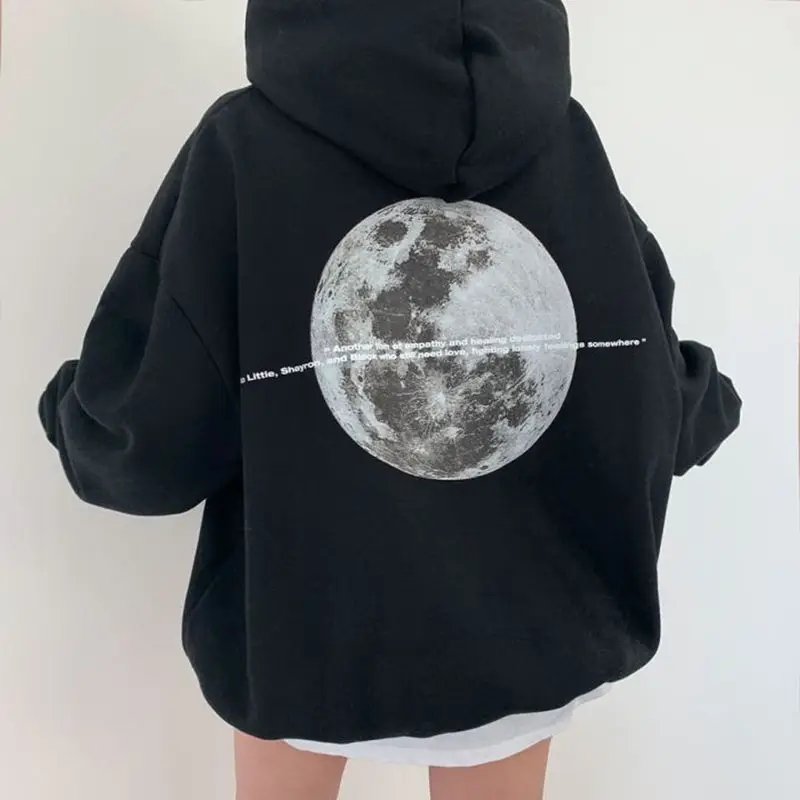 

Moletom de algodão feminino com capuz, pulôver de lã estampado na lua, capuz manga comprida, roupas masculinas, outono, inverno