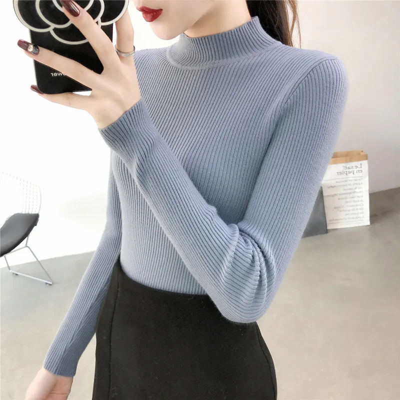 

Autumn and Winter New Half Turtleneck Tight Pullover Cropped Sweater Women's Slim Fit Inner Wear Long Sleeve Close-Fitting Botto