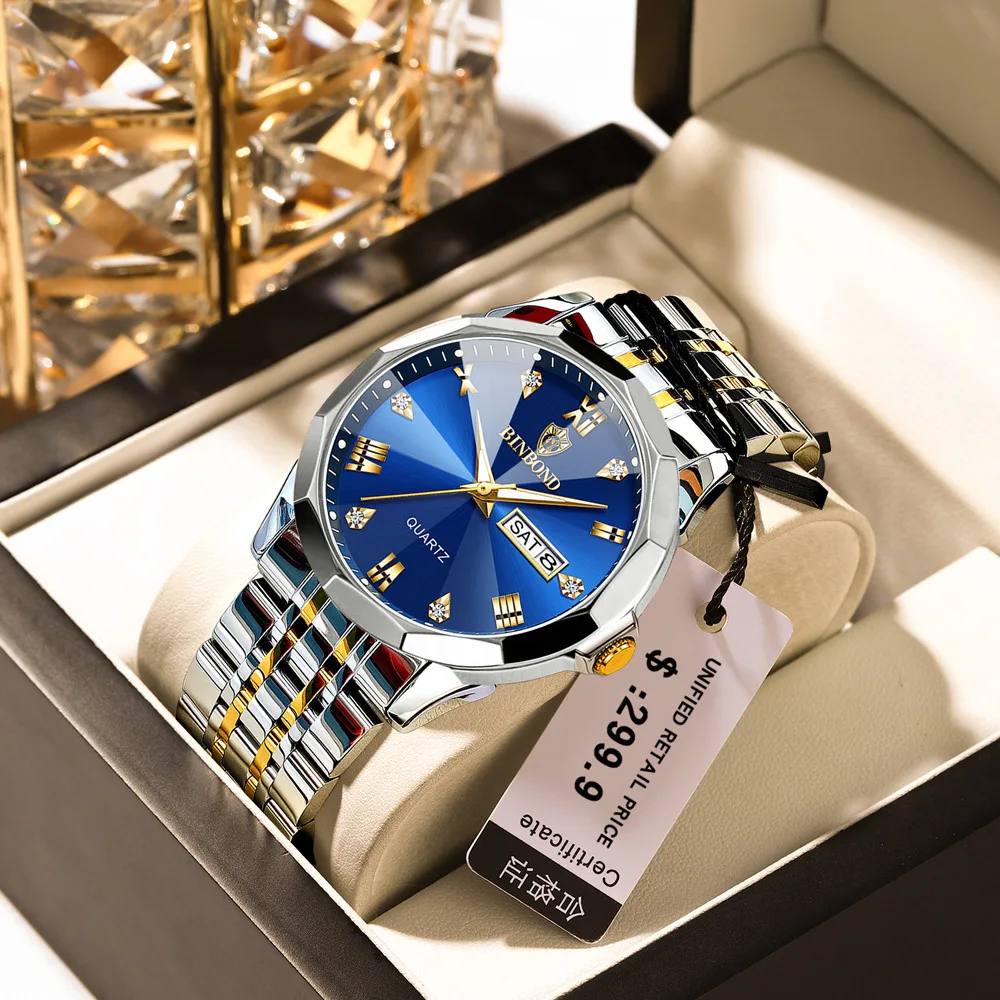 

BINBOND Brand Fashion Blue Quartz Watch for Men Stainless Steel Waterproof Luminous Week Date Luxury Rhombus Mens Wristwatch