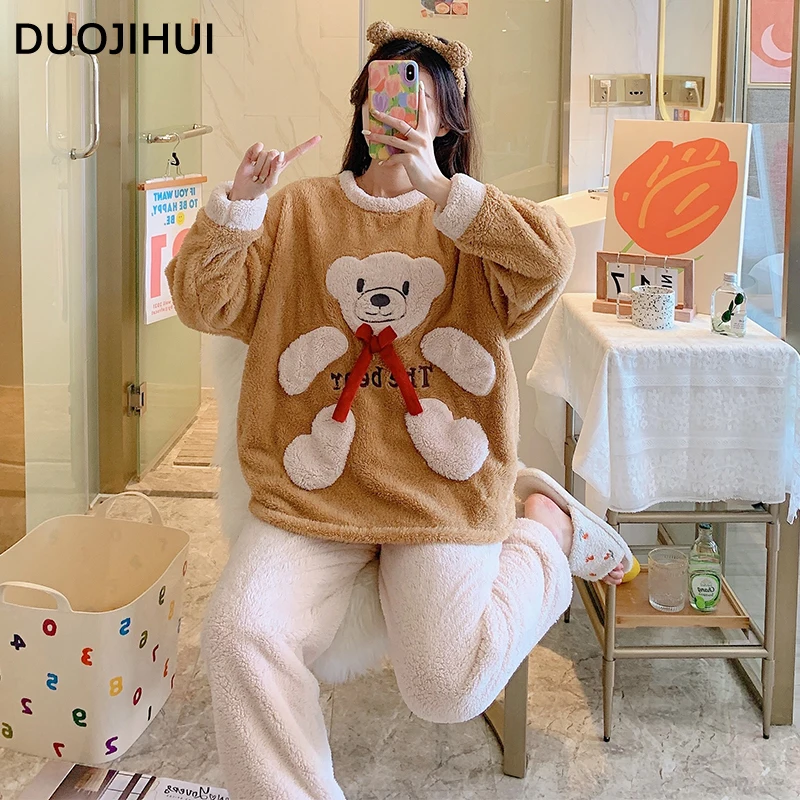 DUOJIHUI Cute Print Chic Lace-up Pajamas for Women Winter Spell Color Basic Pullover Simple Pant Casual Loose Female Pajamas Set
DUOJIHUI Cute Print Chic Lace-up Pajamas for Women Winter Spell Color Basic Pullover Simple Pant Casual Loose Female Pajamas Set