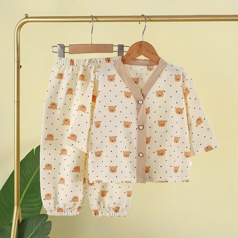 

New Kids Summer Pajamas Boys Girls Cartoon Three-quarter Sleeve V-neck Shirt Top + Pants Clothing Sets Toddler Baby Loungewear