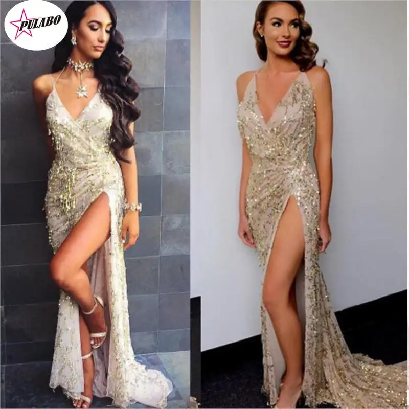 

PULABO Summer Women See Through Backless Sequined V-Neck Elegant Lace Long Sexy Maxi Split Evening Party Vestido Female robe ins