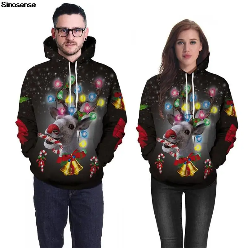 

Men Women Reindeer Ugly Christmas Sweater 3D Christmas Bell Ball Candy Print Autumn Winter Holiday Party Xmas Hoodie Sweatshirt
