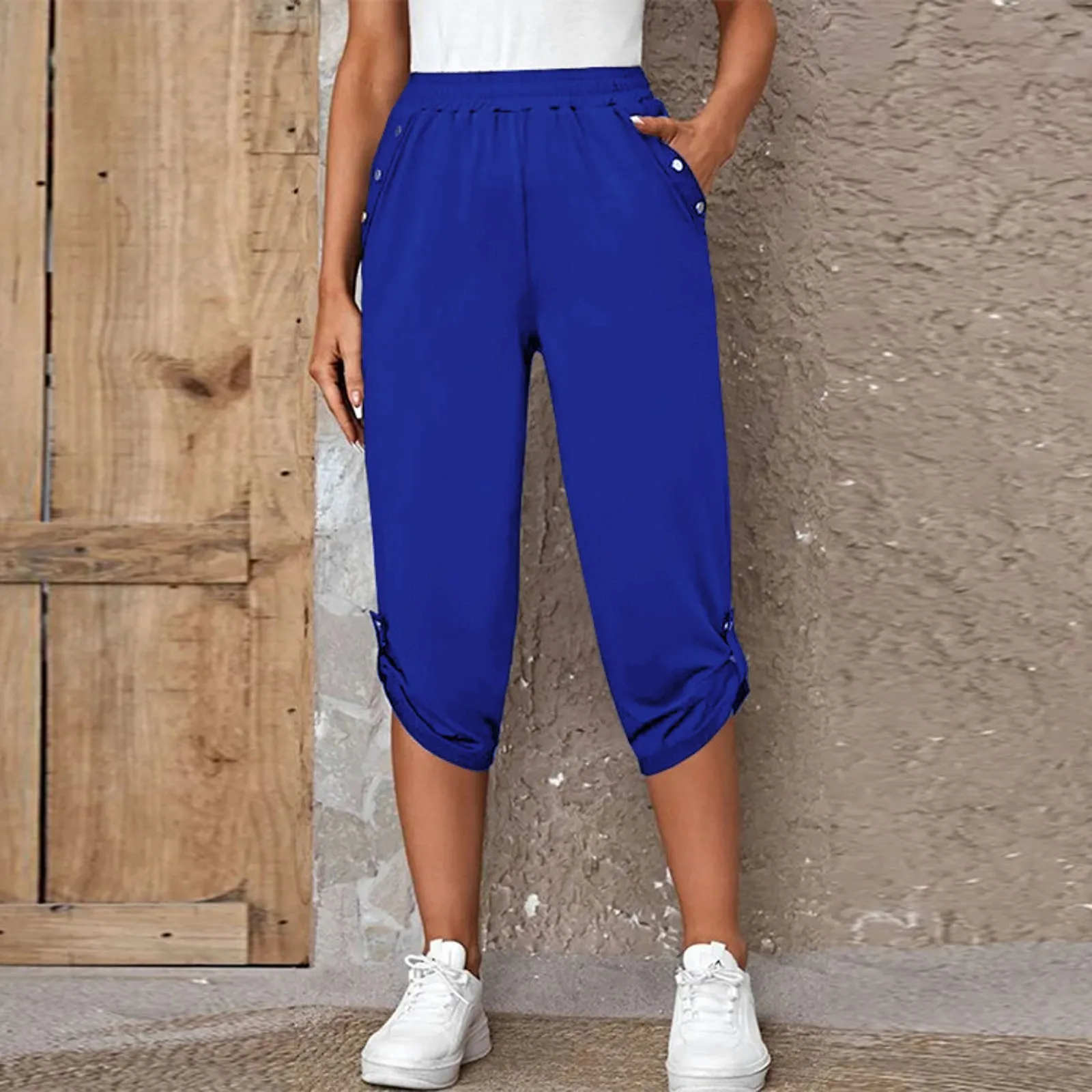 

2024 Spring And Summer Women's Casual Seven Points Pants Solid Colour High Waisted Trousers Loose Versatile Elastic Waist Pants