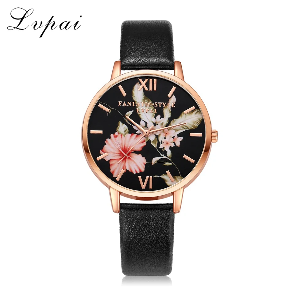 

Lvpai Brand Women Bracelet Watch Fashion Rose Gold Flowers Leather Simple Women Dress Watches Luxury Business Clock Watch