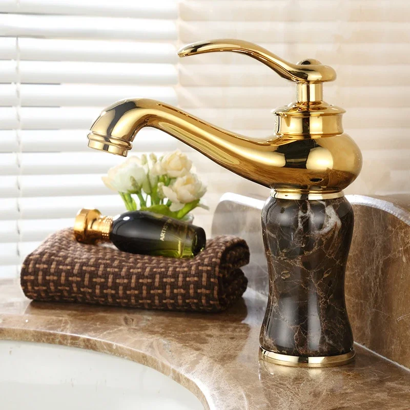 

European style faucet basin cold and hot blue jade marble basin faucet all copper gold washbasin faucet