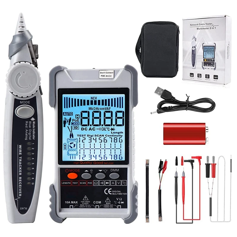 2In1 Network Cable Tester & Digital Multimeter,For CAT5 CAT6, Probe Toner Length Measuring Voltage Tester Tool For Home
2In1 Network Cable Tester & Digital Multimeter,For CAT5 CAT6, Probe Toner Length Measuring Voltage Tester Tool For Home