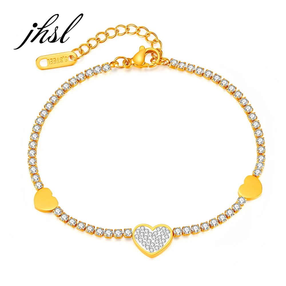 

JHSL Women Statement Cubic Zircon Heart Charm Bracelets Bangles Fashion Jewelry Silver Gold Color Stainless Steel New Arrival