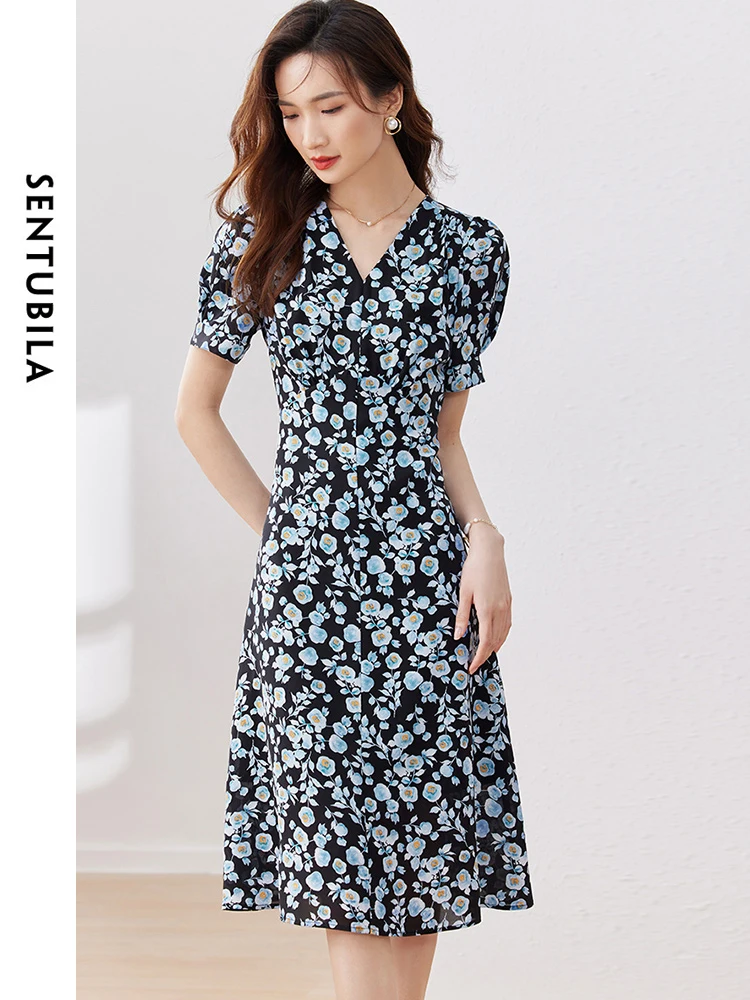 

SENTUBILA Woman Elegant V-neck Fashion Slim Puff Sleeve Floral Dress 2024 Summer High Waisted Printed Midi Dresses 132L49597