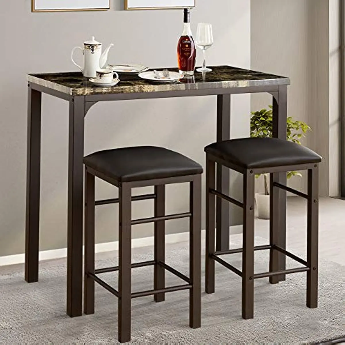 

VECELO 3-Piece Pub Dining Set Counter Height Breakfast Table with 2 Bar Stools, Rustic BRN