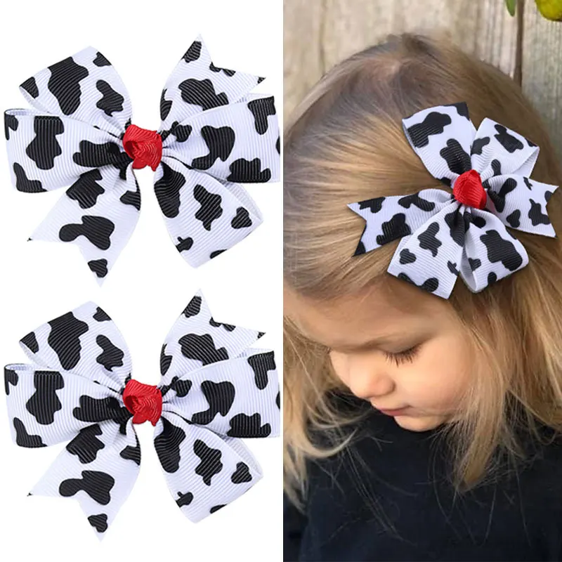 

2pcs New Cow Print Hair Clips For Girls Glitter Ribbon Bowknot Hairpins Handmade Bows Barrettes Boutique Headwear Kids Gift