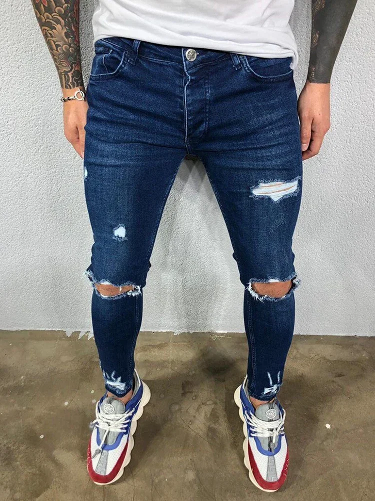 

Distressed Knee Holes Elastic Skinny Jeans Men Ripped Biker Denim Pants Solid Washed Streetwear Black Pantalones Hombre Joggers