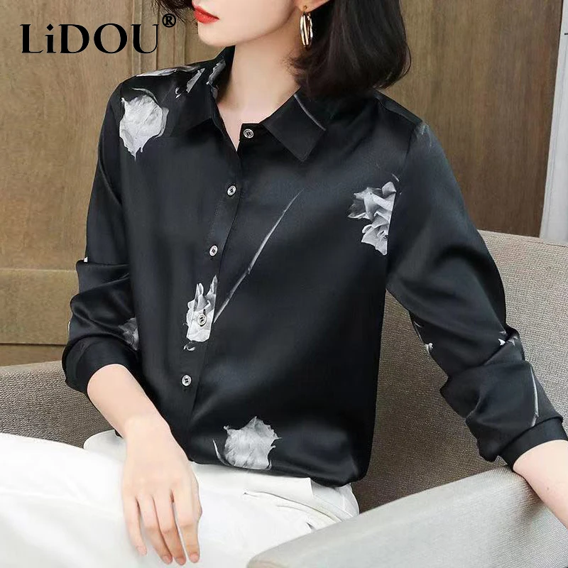Spring Autumn Polo-neck Rose Print Elegant Fashion Buttons Satin Shirt Ladies Long Sleeve Temperament Blouse Femme Cardigan Top
Spring Autumn Polo-neck Rose Print Elegant Fashion Buttons Satin Shirt Ladies Long Sleeve Temperament Blouse Femme Cardigan Top
