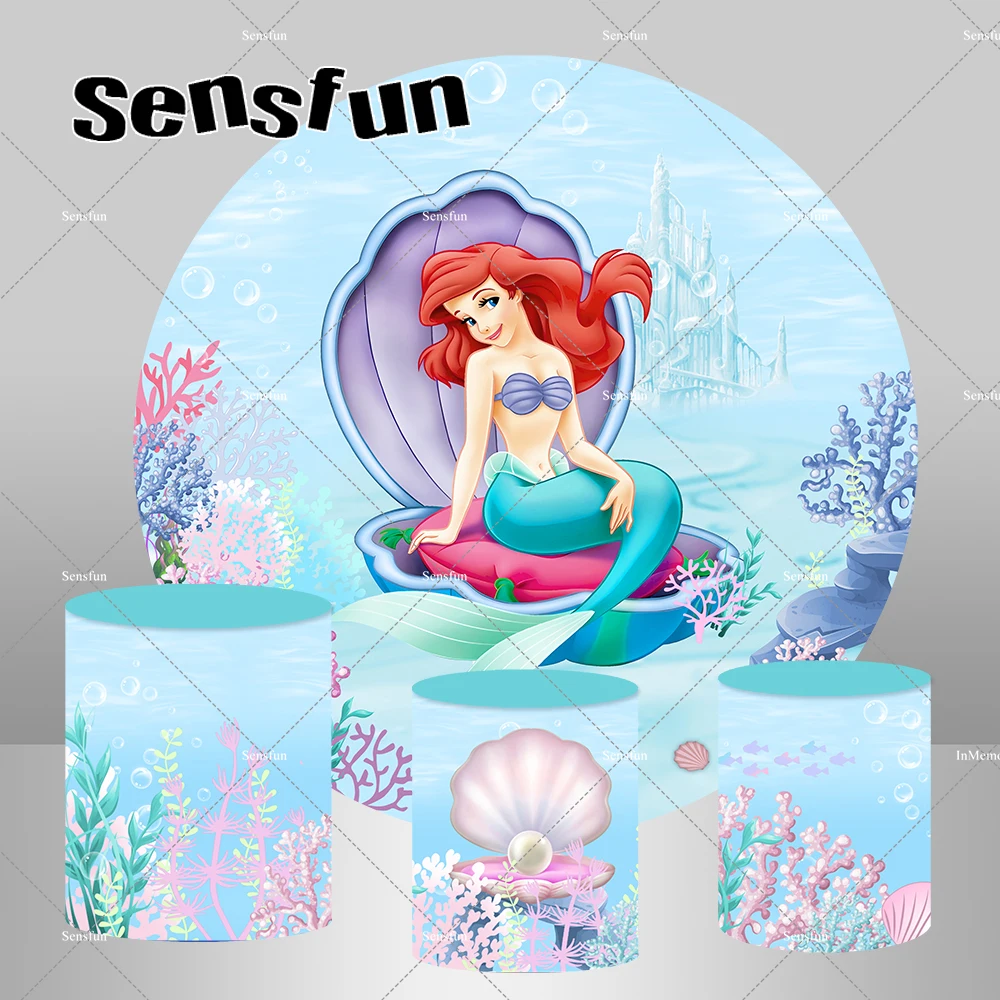 

Under The Sea Little Mermaid Princess Ariel Round Backdrop for Girls Baby Shower Birthday Party Circle Background Cylinder Cover