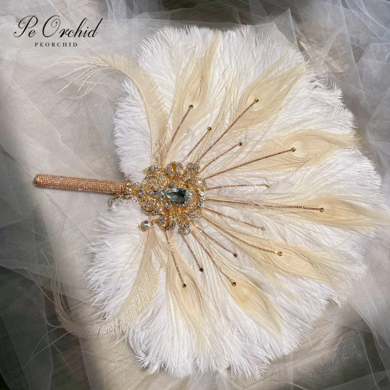 

PEORCHID Gold Bridal Bouquet Brooch Fan Custom Made Feather Peacock Gatsby 1920s Crystal Hand Fan Wedding Feathers Boutonniere