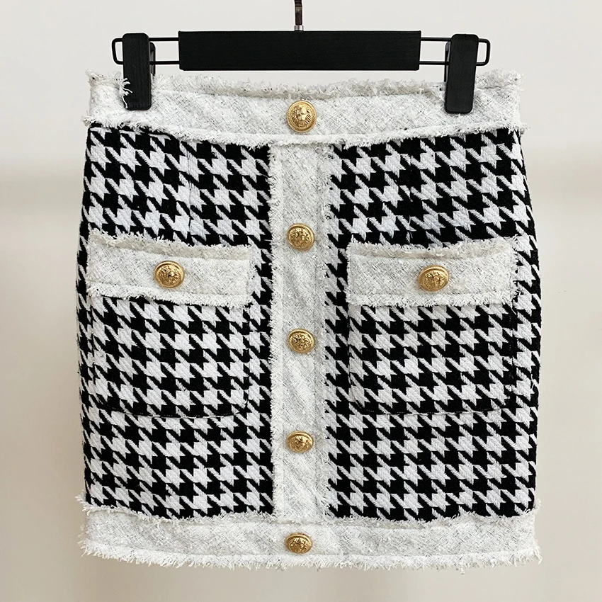 

2023 HIGH QUALITY Newest Fall Winter Baroque Designer Women's Fringed Lion Buttons Houndstooth Tweed Mini Skirt