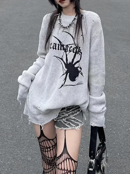 

Spider Print Harajuku Sweater Women Men Gothic Vintage Ripped Grunge Pullover Streetwear Korean Oversize Hiphop Y2k Jumper Tops