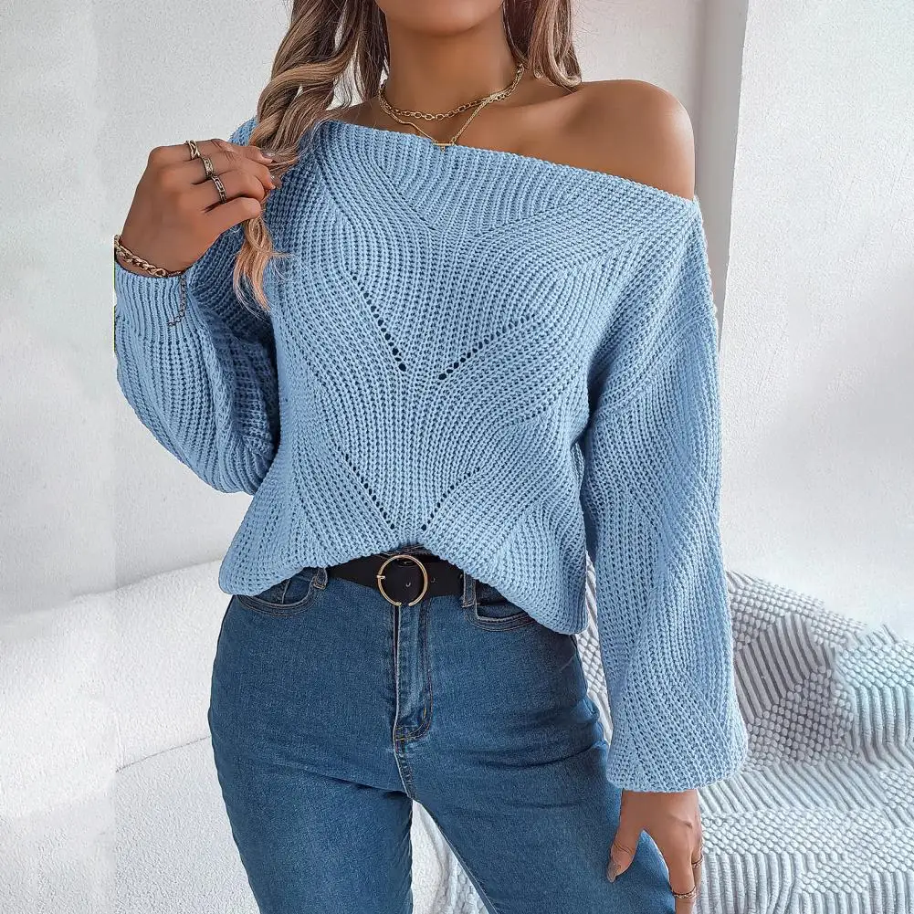 

Stretchy Sweater Stylish Women's Fall Winter Sweater One Shoulder Knitted Pullover with Lantern Sleeves Hollow Out for Lady