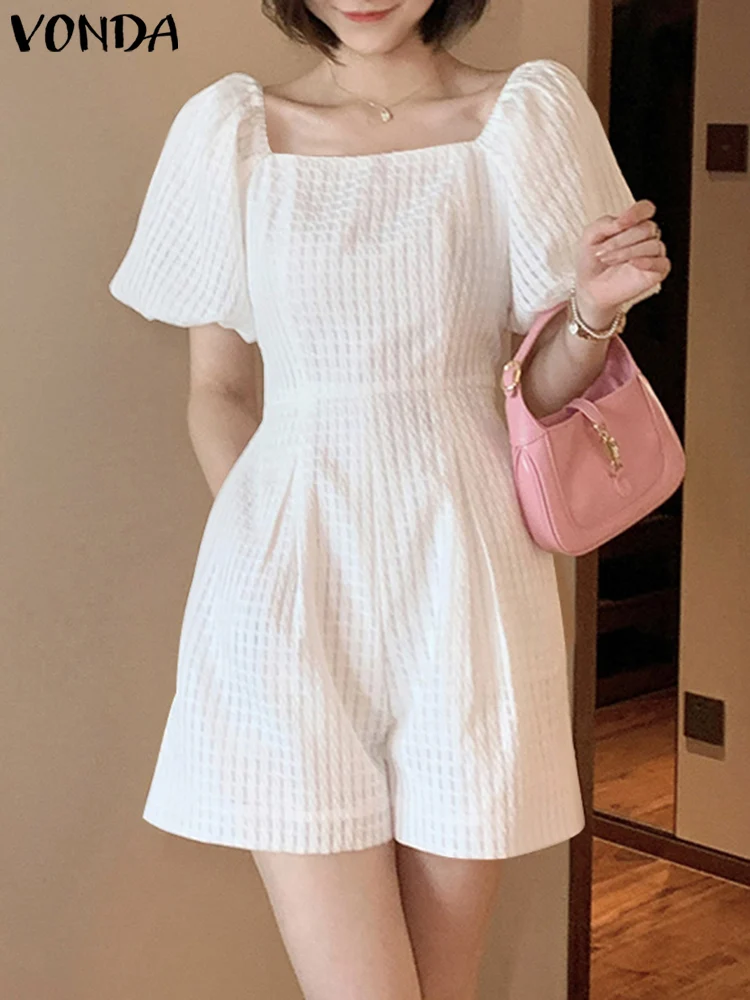 

VONDA Women Square Collar Rompers Short Puff Sleeve Playsuits 2024 Fashion Summer Short Jumpsuits Casual Loose Solid Overalls