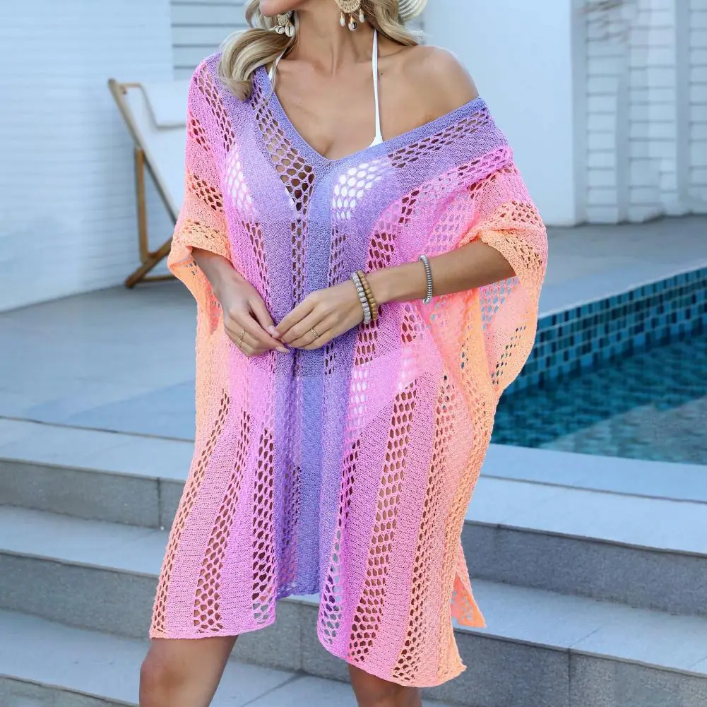 

V-neck Beach Dress Summer Beach Cover Up Dress Women's Sexy Gradient Knit Bikini Coverup Hollow Out Swimwear Tunic Pullover