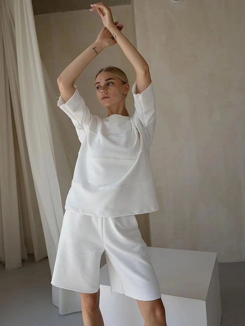 Bornladies Sommer 100% Baumwolle Sets Frauen Casual Zwei Stücke Halbe Hülse Patchwork T Shirts & Hohe Taille Shorts Outfits Trainingsanzug Bornladies Sommer 100% Baumwolle Sets Frauen Casual Zwei Stücke Halbe Hülse Patchwork T Shirts & Hohe Taille Shorts Outfits Trainingsanzug