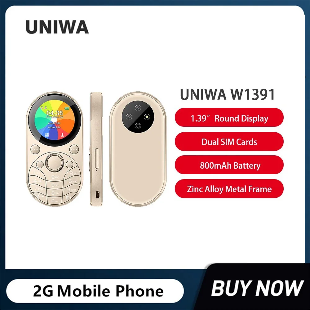 

Телефон UNIWA W1391, овальная металлическая мини-клавиатура с двумя SIM-картами, Круглый ЖК-экран 1,39 дюйма, беспроводное радио MP3/MP4
