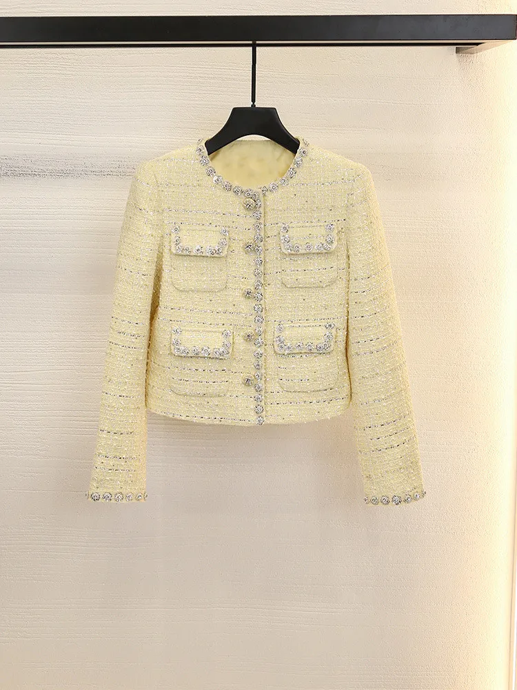 

Diamond Pocket Slim Short Knitted Tweed Jackets For Ladies 2023 Winter Fashion O-Neck Single Breasted Long Sleeve Cardigans