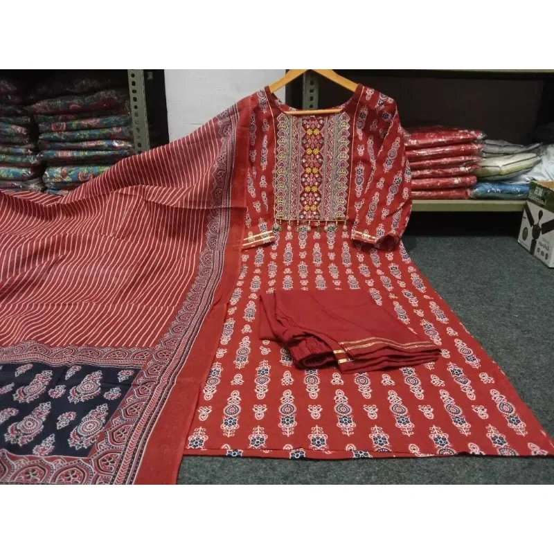 

3 Pcs Stitched Salwar Kameez National Tradition Women Red Kurta Palazzo Dupatta Set
