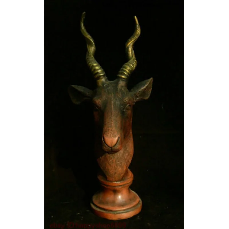 

33cm Rare Antique Bronze Carved Lucky goat rams antelope Head Horn Statue