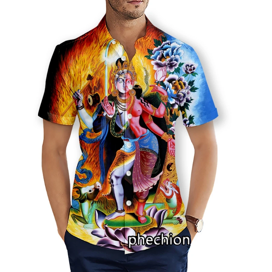 

phechion Mens Short Sleeve Beach Shirts Casual Hinduism Shiva Graphic 3D Print Shirts Fashion Streetwear Men Tops U37