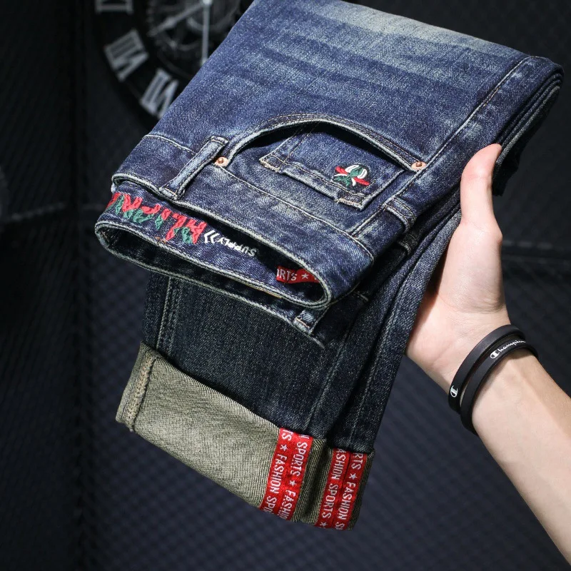 

2024 New High-End Light Luxury MEN'S Jeans Fashion Embroidery Retro Elastic Straight Slim Versatile Casual Fitted Denim Pants