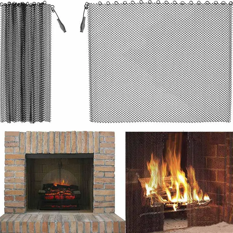 

Fireplace Curtain Mesh Screen Fireplace Spark Guard Curtain Metal Fire Screen Draft Stopper Fireplace Black Wide Pannel Indoor