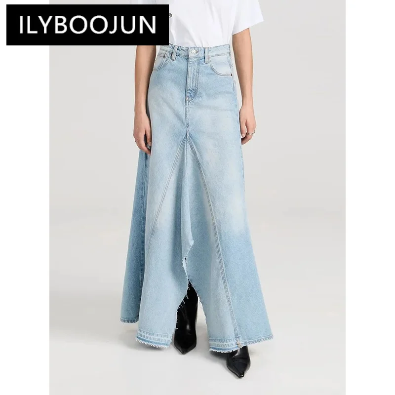 

ILYBOOJUN Patchwork Pockets Irregular Hem Casual Denim Skirts For Women High Waist Spliced Button Vintage A Line Skirt Female