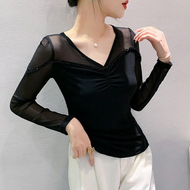 

#8527 Black Khaki Short T Shirt Women Autumn 2023 Long Sleeve T Shirt Split Joint Mesh Diamonds Office Tight Tshirt Femme V-neck