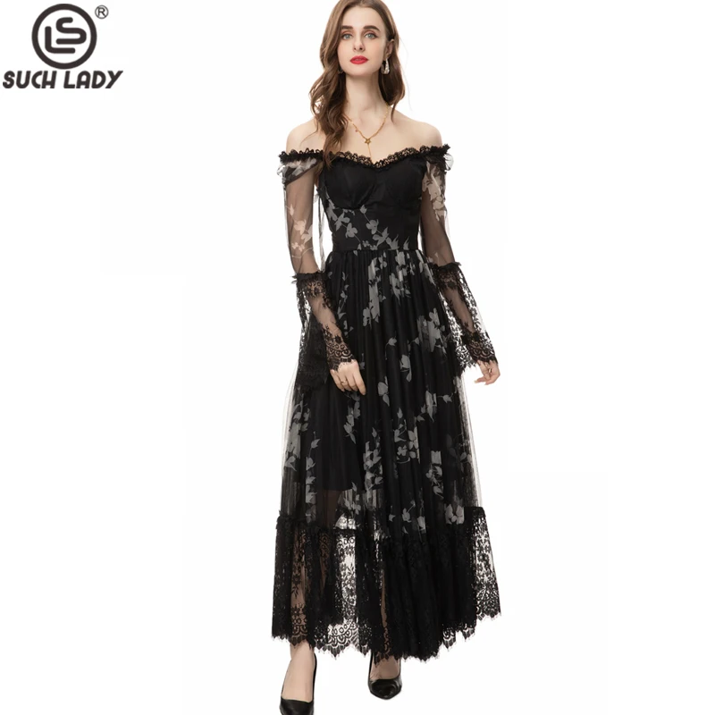 

Women's Runway Sweatheart Slash Neckline Long Sleeves Printed Mesh Layered Elegant Designer Maxi Designer Maxi Party Prom Vestid