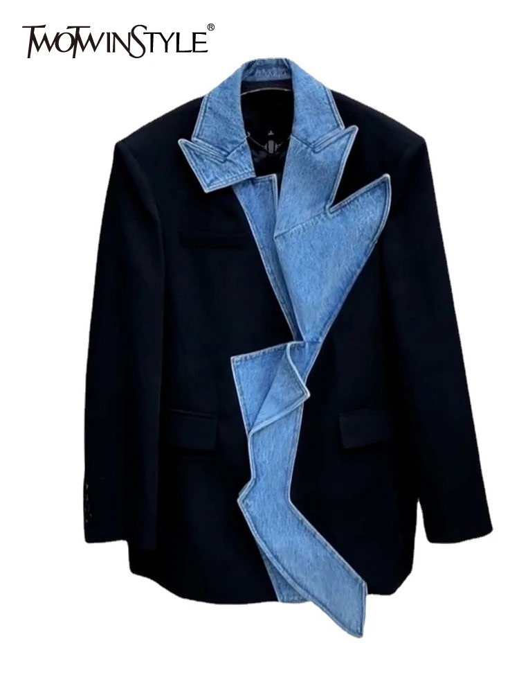 TWOTWINSTYLE Colorblock Casual Patchwork Denim Blazers For Women Lapel Long Sleeves Designer Vintage Blazer Female Fashion 2023
TWOTWINSTYLE Colorblock Casual Patchwork Denim Blazers For Women Lapel Long Sleeves Designer Vintage Blazer Female Fashion 2023