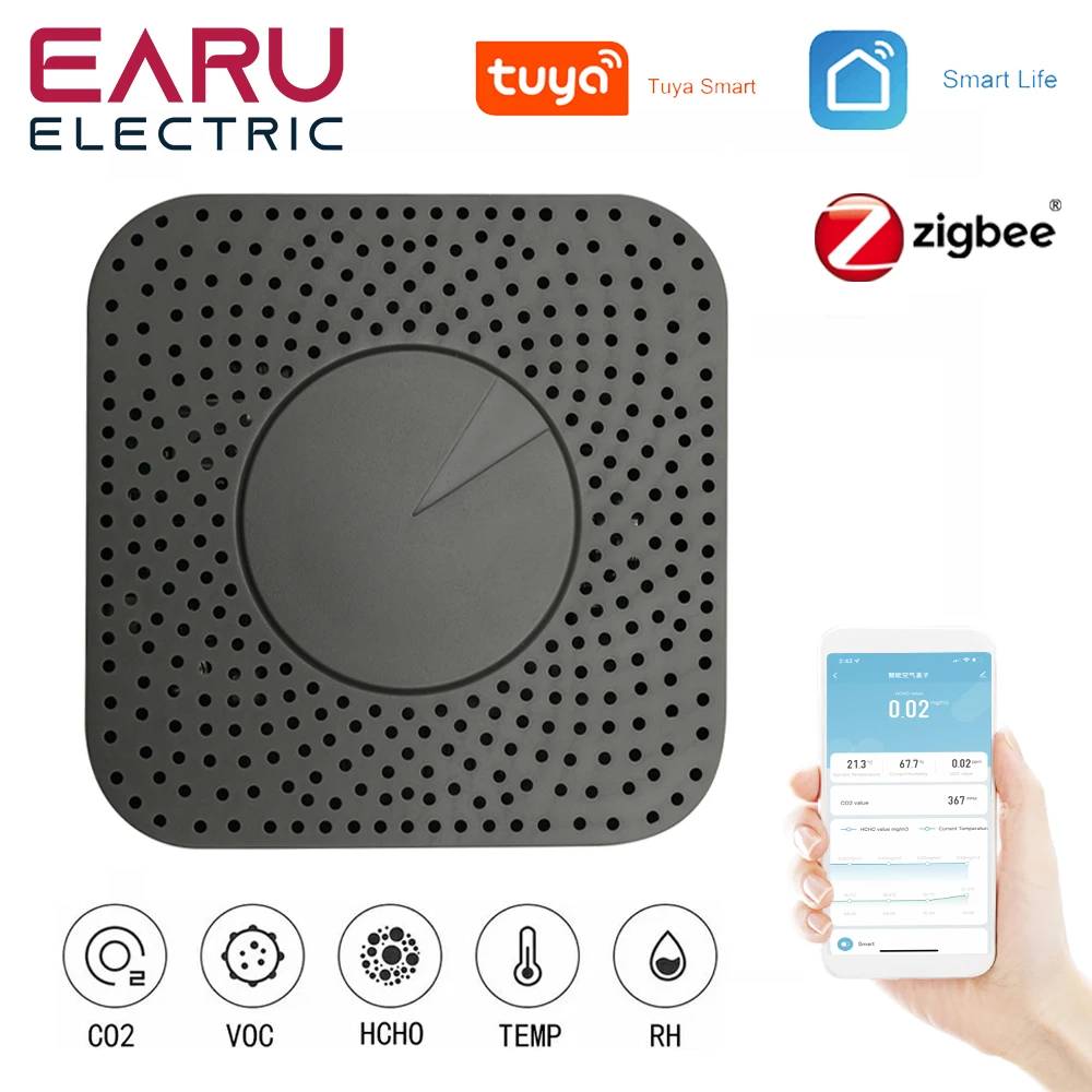 Tuya Zigbee WiFi Smart Air Box Sensor Formaldehyde VOC CO2 Temperature Humidity 6In1 Air Quality Inspection DB Alarm with Alexa
Tuya Zigbee WiFi Smart Air Box Sensor Formaldehyde VOC CO2 Temperature Humidity 6In1 Air Quality Inspection DB Alarm with Alexa