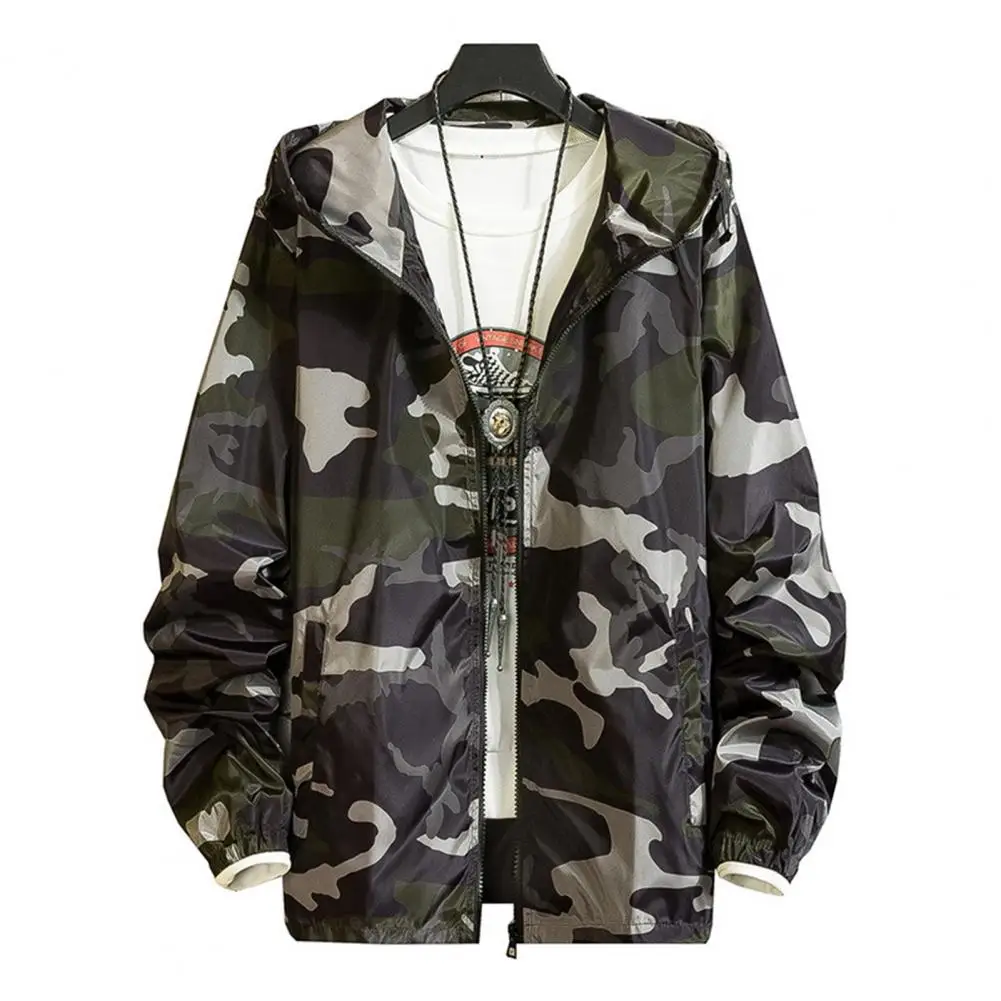 

Men Outdoor Hooded Coat Stylish Men's Camouflage Print Hooded Jacket with Zipper Placket Hip Hop Style Coat for Spring