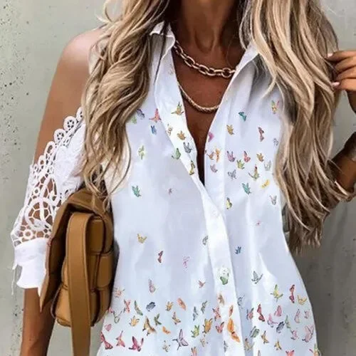 

New Independent Design Retro Joker Butterfly Print Strapless Fashion Women's Loose White Single-breasted Lapel Shirt