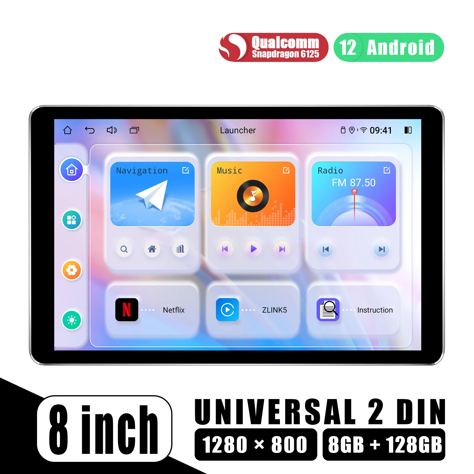

Android 12 8 " Universal double din Ultra-thin Fully-Fit Screen Car OS Radio Stereo 8G+128G Qualcomm snapdragon AR Camera DSP